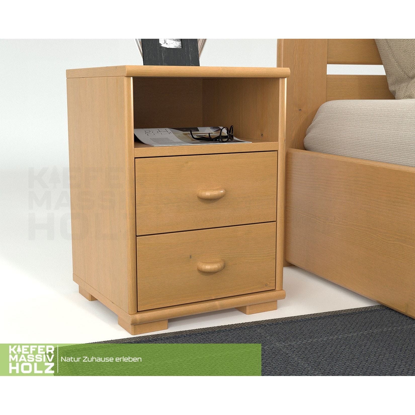 Vanessa Kiefer Massivholz Nachttisch Nachtschrank | 2-Schubladen 1-Regal | 100% Bio Kiefer