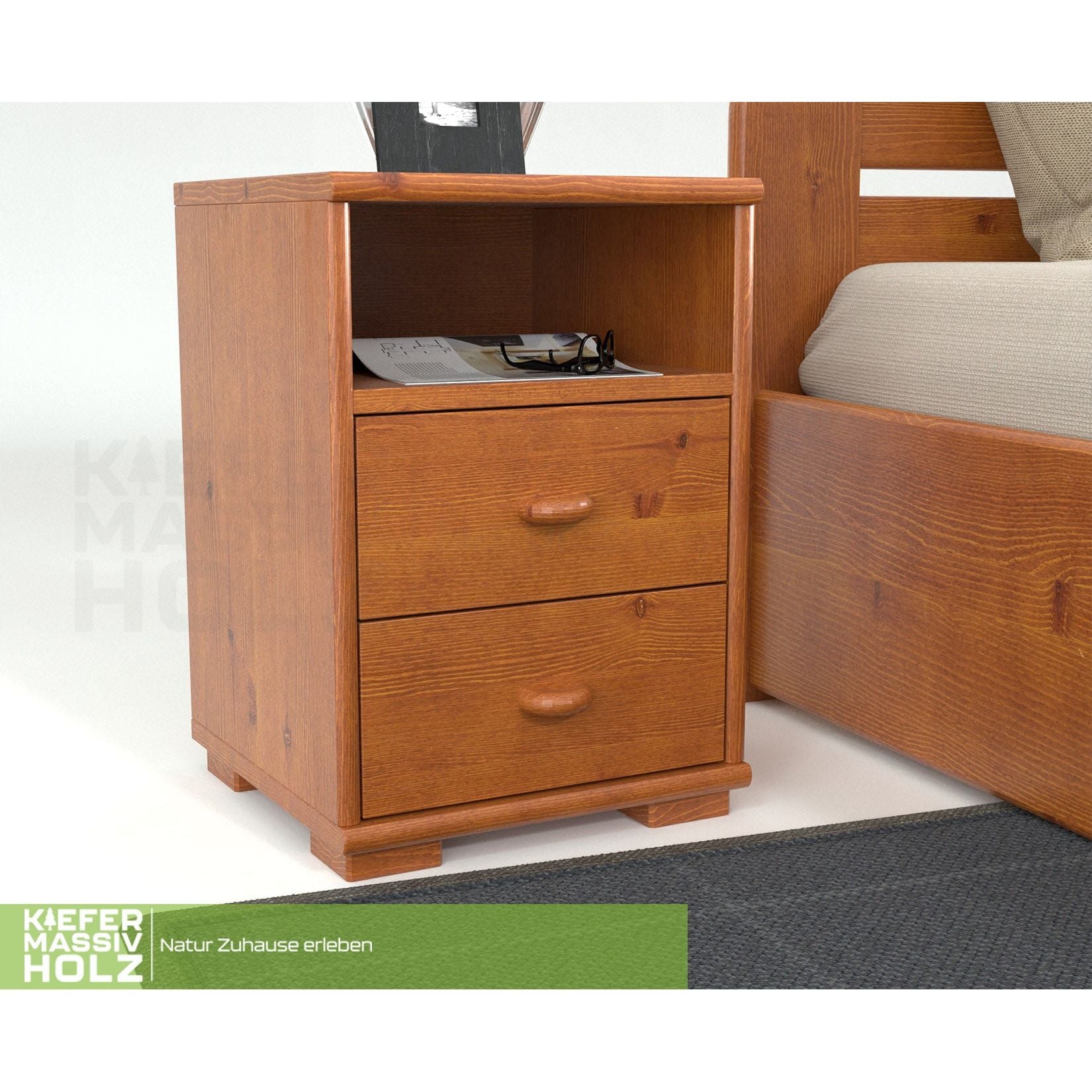 Vanessa Kiefer Massivholz Nachttisch Nachtschrank | 2-Schubladen 1-Regal | 100% Bio Kiefer
