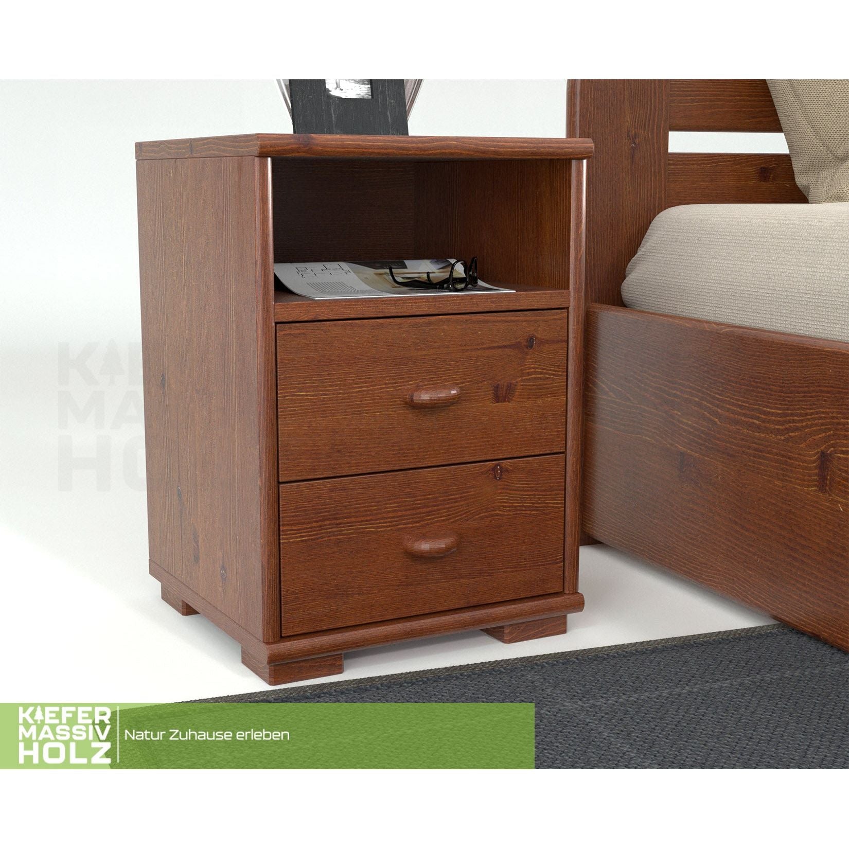Vanessa Kiefer Massivholz Nachttisch Nachtschrank | 2-Schubladen 1-Regal | 100% Bio Kiefer