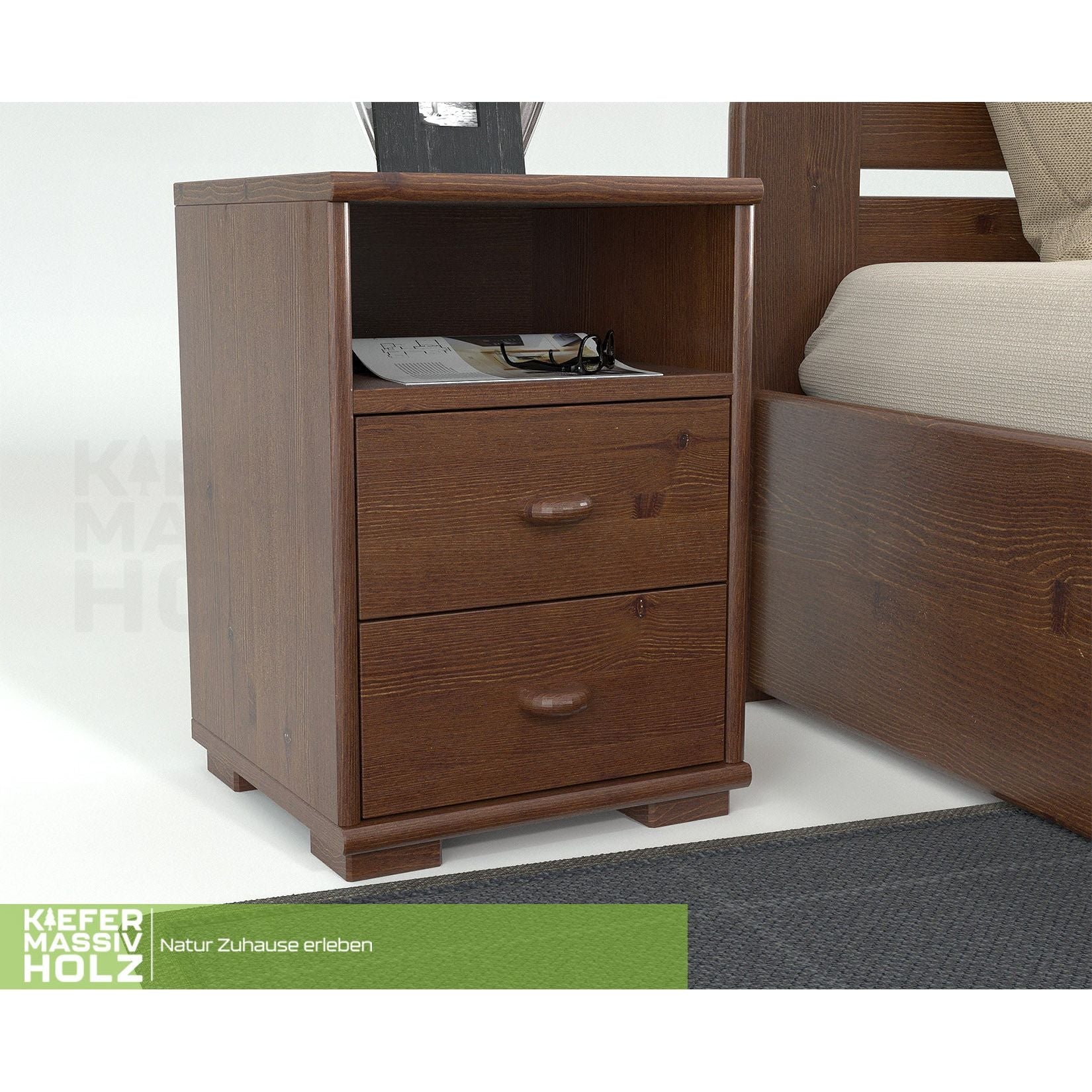 Vanessa Kiefer Massivholz Nachttisch Nachtschrank | 2-Schubladen 1-Regal | 100% Bio Kiefer
