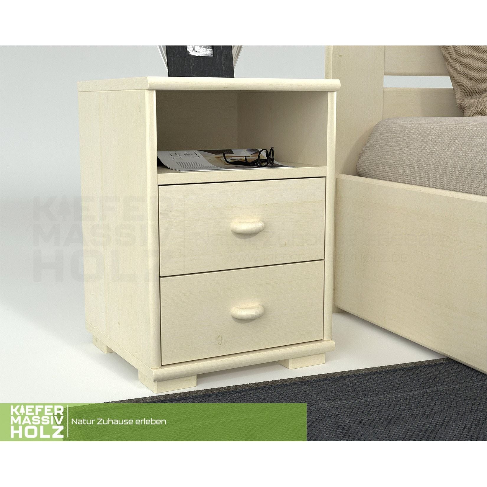 Vanessa Kiefer Massivholz Nachttisch Nachtschrank | 2-Schubladen 1-Regal | 100% Bio Kiefer
