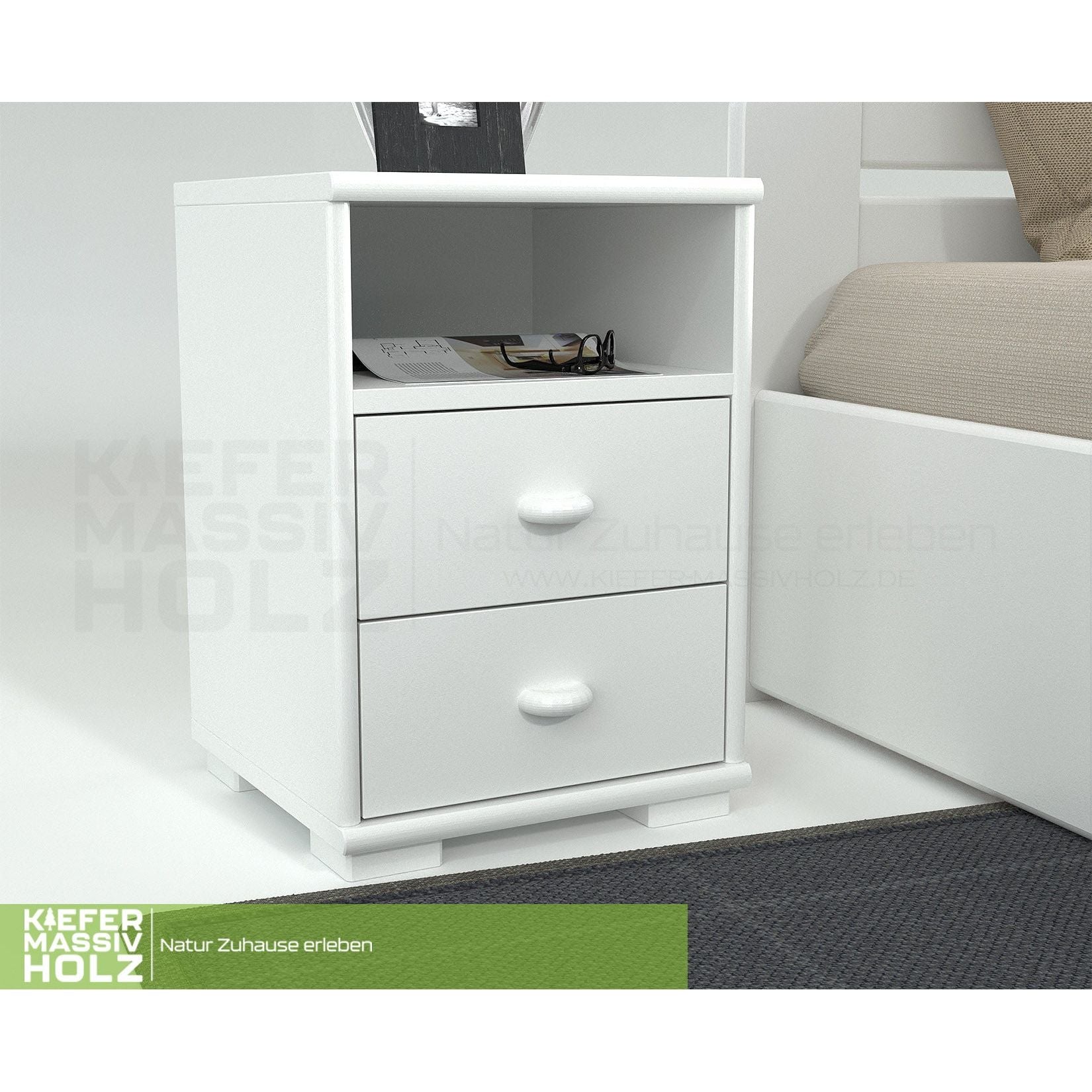 Vanessa Kiefer Massivholz Nachttisch Nachtschrank | 2-Schubladen 1-Regal | 100% Bio Kiefer