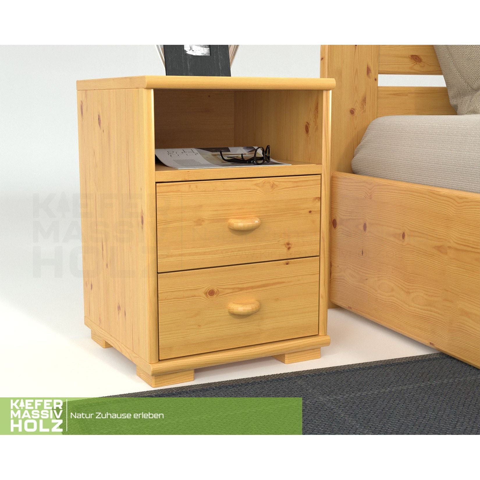 Vanessa Kiefer Massivholz Nachttisch Nachtschrank | 2-Schubladen 1-Regal | 100% Bio Kiefer