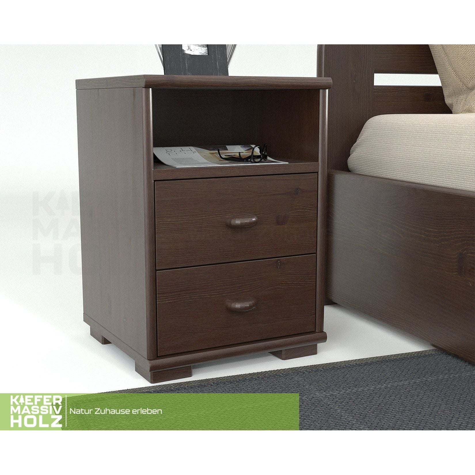 Vanessa Kiefer Massivholz Nachttisch Nachtschrank | 2-Schubladen 1-Regal | 100% Bio Kiefer