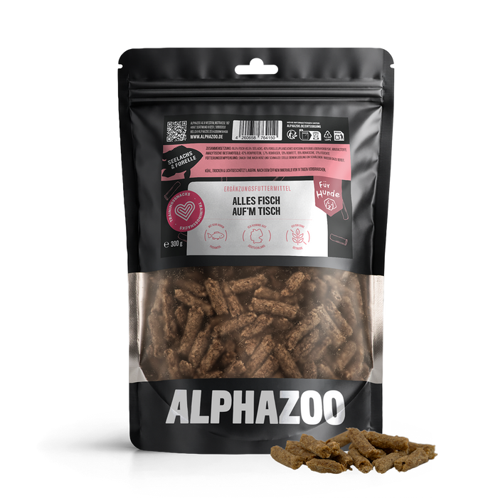 Alphazoo Alles Fisch Auf'm Tisch 300g Hundeleckerli in einem praktischen Beutel mit aromatischen Seelachs- und Forellenstückchen.
