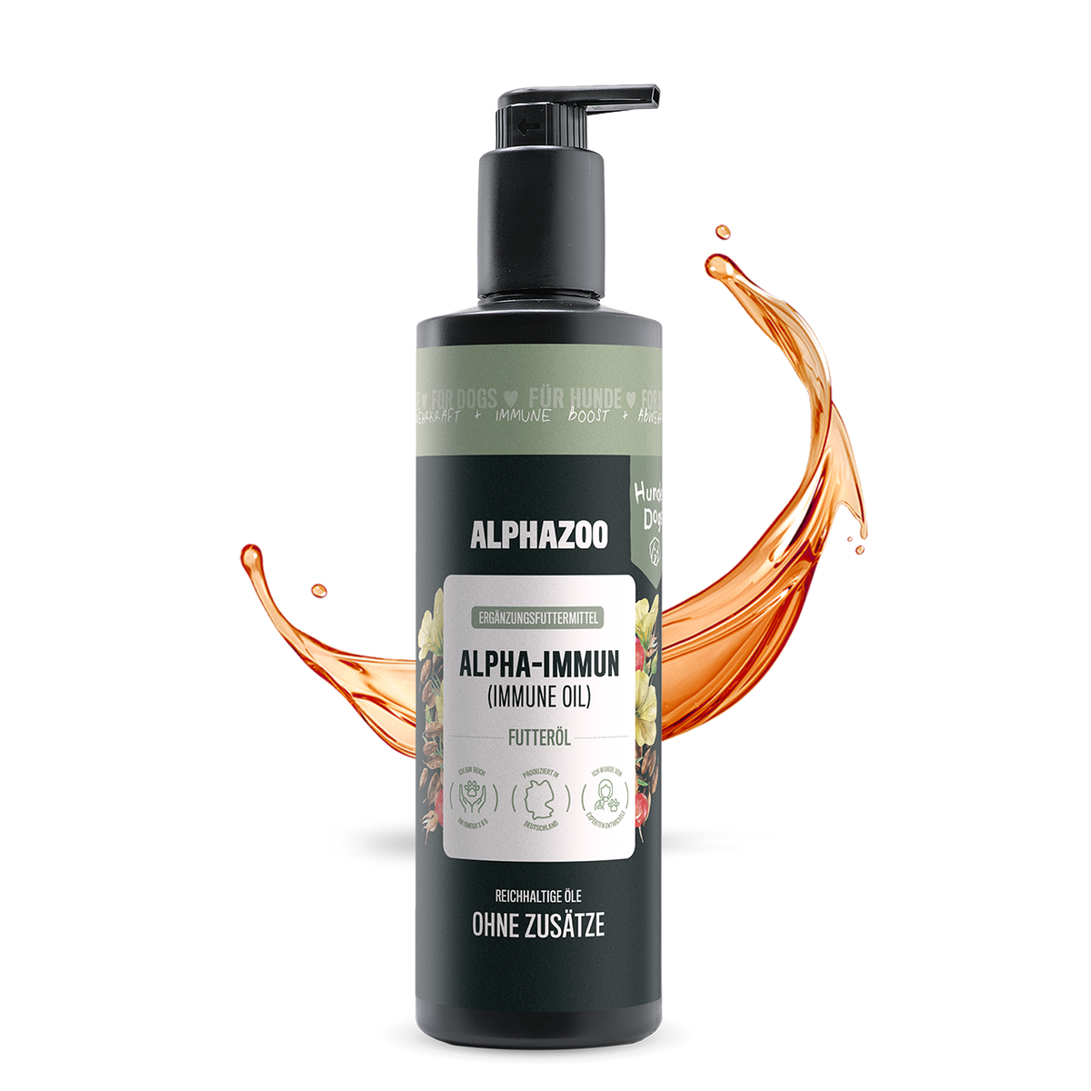 Flasche mit Alpha-Immun Futteröl für Hunde, 500ml, flüssiges Ergänzungsfuttermittel für gesunde Ernährung.