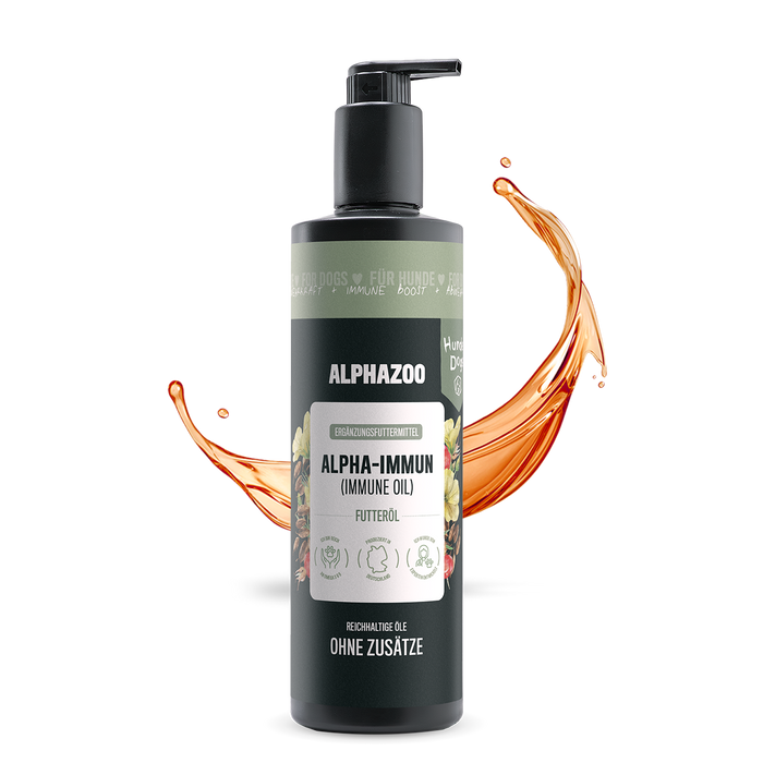 Flasche mit Alpha-Immun Futteröl für Hunde, 500ml, flüssiges Ergänzungsfuttermittel für gesunde Ernährung.