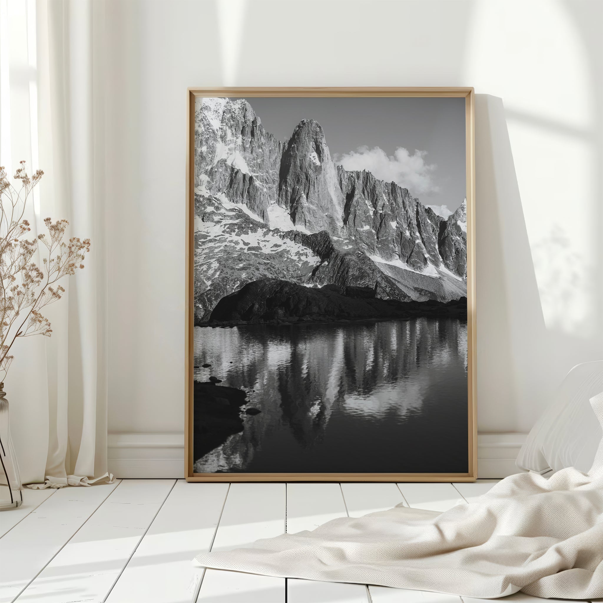 Les Drus Mountain Reflection | Black and White Chamonix Art Print