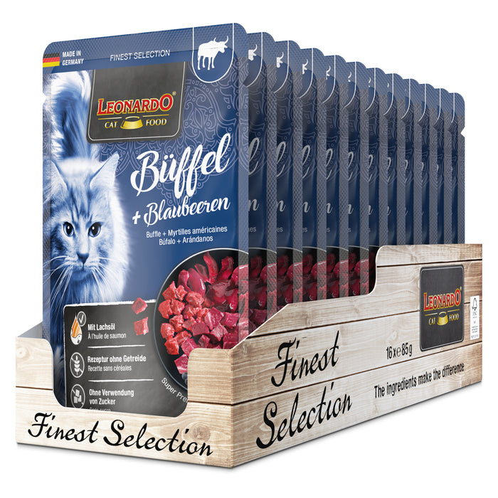 LEONARDO Büffel + Blaubeeren – Nassfutter für Katzen (Frischebeutel)