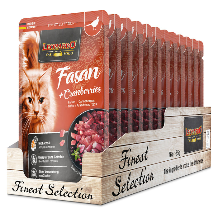 LEONARDO Fasan + Cranberries – Nassfutter für Katzen (Frischebeutel)