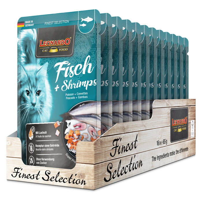 LEONARDO Fisch & Shrimps – Nassfutter für Katzen (Frischebeutel)