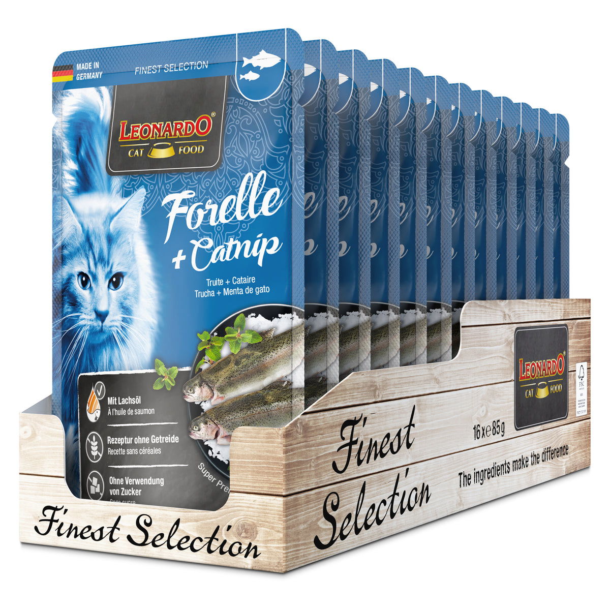 LEONARDO Forelle + Catnip – Nassfutter für Katzen (Frischebeutel)