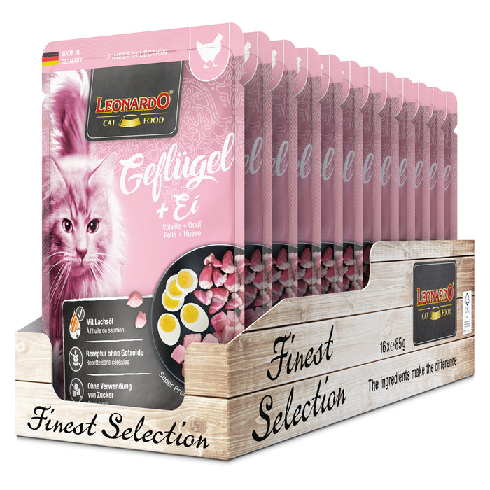 LEONARDO Geflügel + Ei – Nassfutter für Katzen (Frischebeutel)