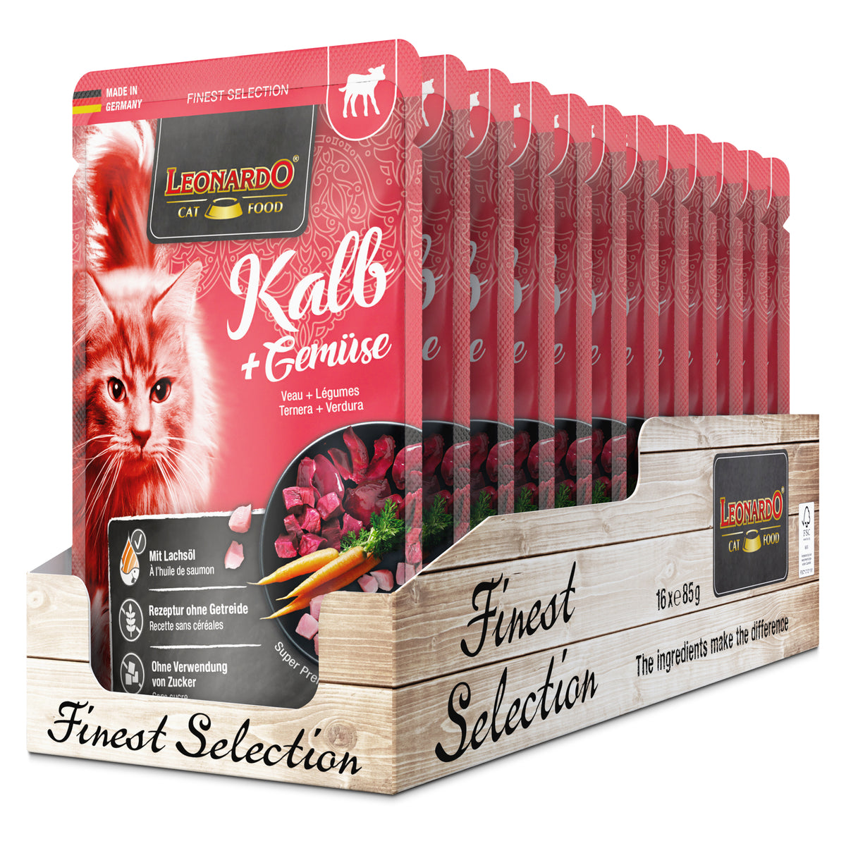 LEONARDO Kalb + Gemüse – Nassfutter für Katzen (Frischebeutel)