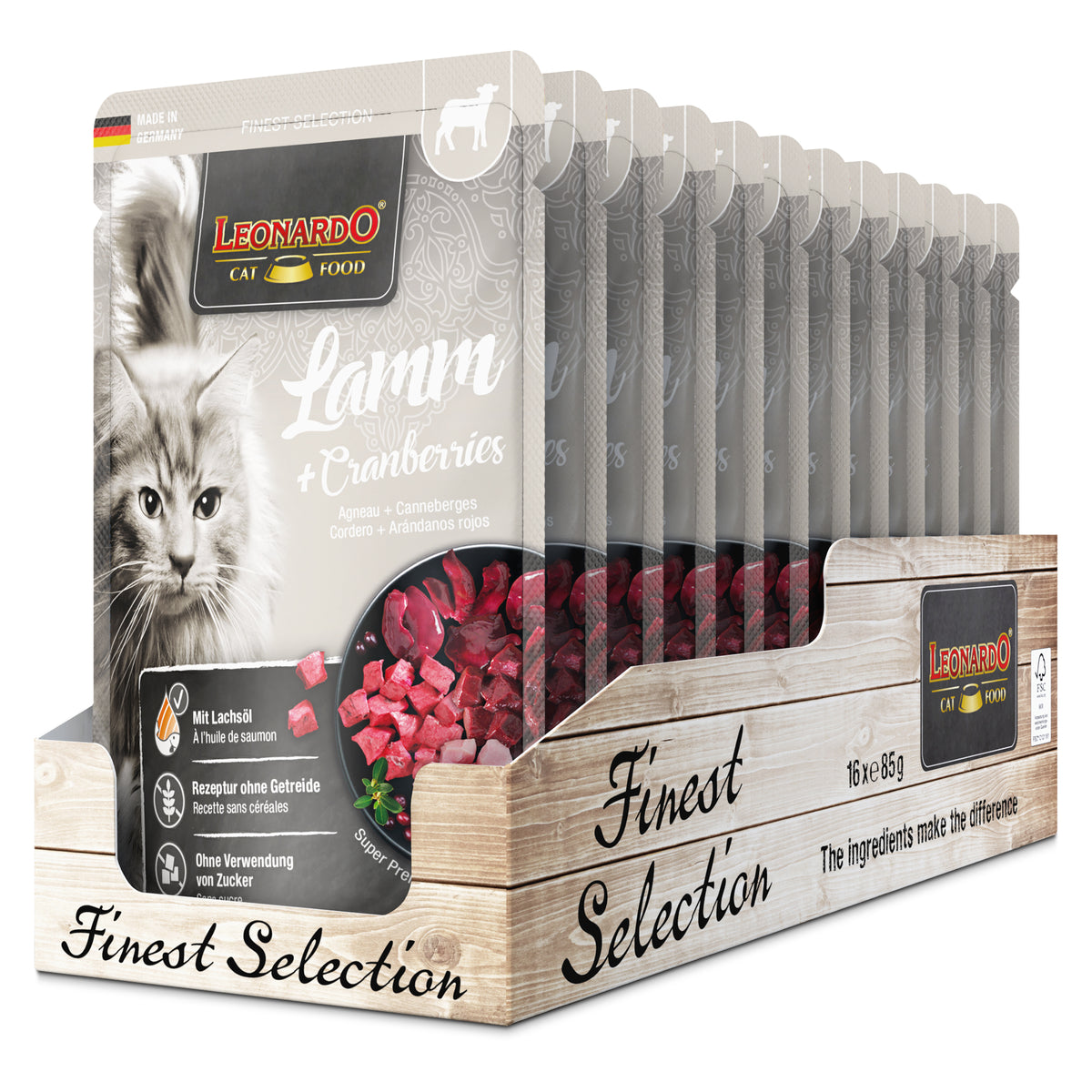 LEONARDO Lamm + Cranberries – Nassfutter für Katzen (Frischebeutel)