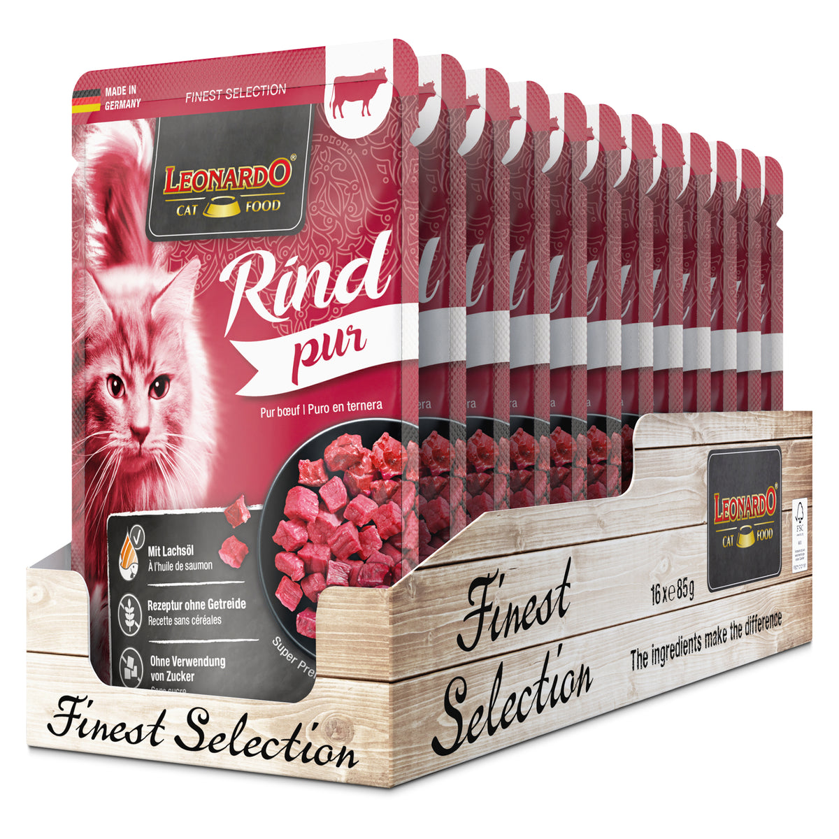 LEONARDO Rind pur – Nassfutter für Katzen (Frischebeutel)