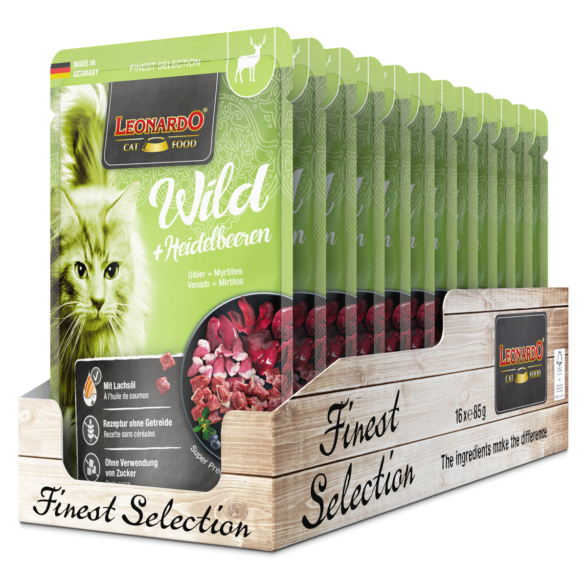 LEONARDO Wild + Heidelbeeren – Nassfutter für Katzen (Frischebeutel)