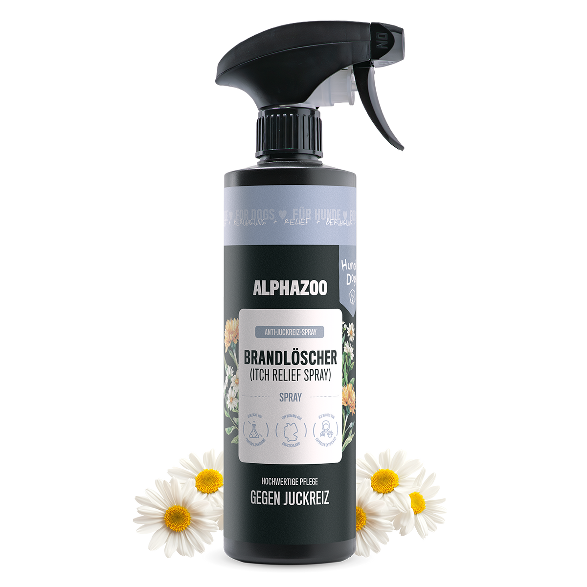 Brandlöscher Anti Juckreiz Spray für Hunde in einer 500ml Flasche mit Kamille und Calendula, ideal für gereizte Haut.