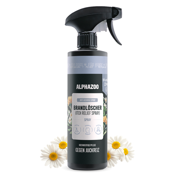 Brandlöscher Anti Juckreiz Spray für Hunde in einer 500ml Flasche mit Kamille und Calendula, ideal für gereizte Haut.