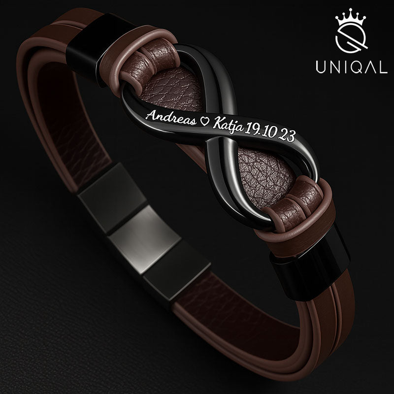 Infinity Brown Lederarmband Unisex Gravierbar Echtes Leder Edelstahl Besatz Gratis Luxus Etui Größen 19 21 23 cm