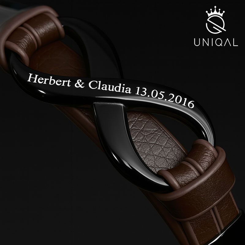 Infinity Brown Lederarmband Unisex Gravierbar Echtes Leder Edelstahl Besatz Gratis Luxus Etui Größen 19 21 23 cm