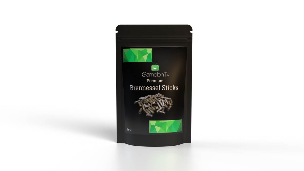 Premium Brennnessel Sticks 50g pack for shrimp and invertebrate feeding, featuring natural plant-based ingredients.