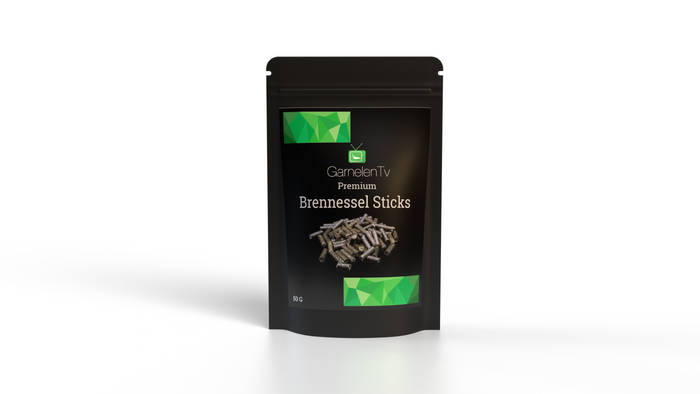 Premium Brennnessel Sticks 50g pack for shrimp and invertebrate feeding, featuring natural plant-based ingredients.