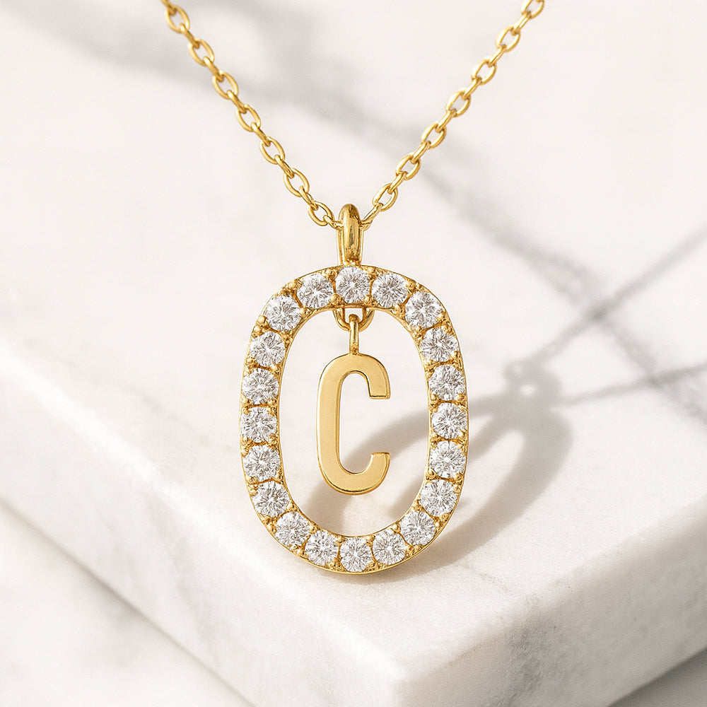 Kette mit Anhänger aus 925er Sterling-Silber, verschiedene Buchstaben im Strasskreis, 45cm