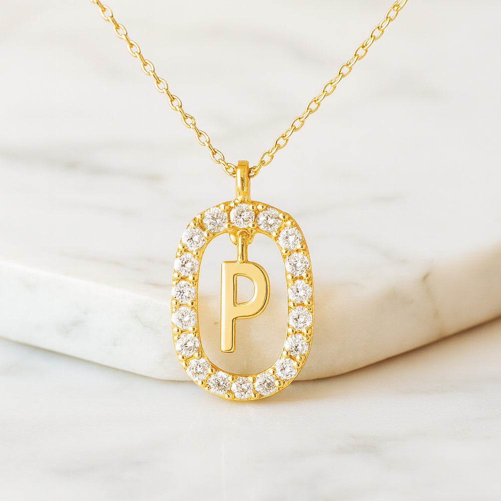 Kette mit Anhänger aus 925er Sterling-Silber, verschiedene Buchstaben im Strasskreis, 45cm