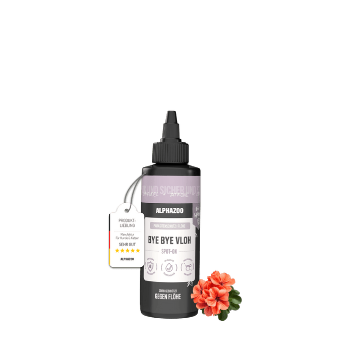 ByeByeVloh Spot-On für Hunde in einer 100ml Flasche mit Blume und Etikett für Flohschutz.