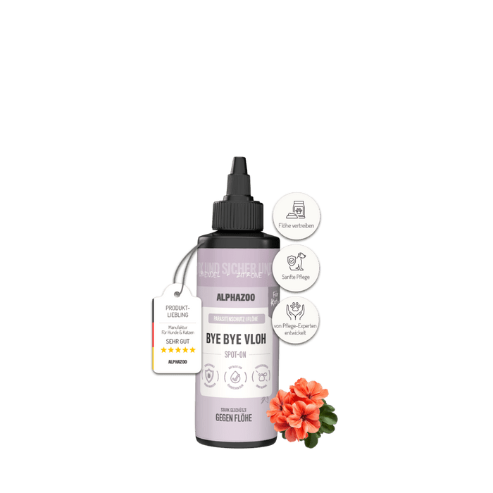 ByeByeVloh Spot-On für Katze, 100ml Flohmittel von alphazoo, schützt Katzen vor Flöhen und sorgt für sanfte Pflege.