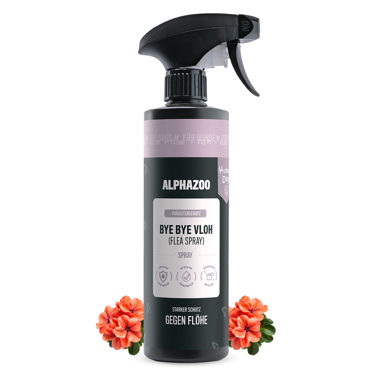 ByeByeVloh Flohspray für Hunde in 500ml Flasche mit Sprühkopf und Blumen im Hintergrund.