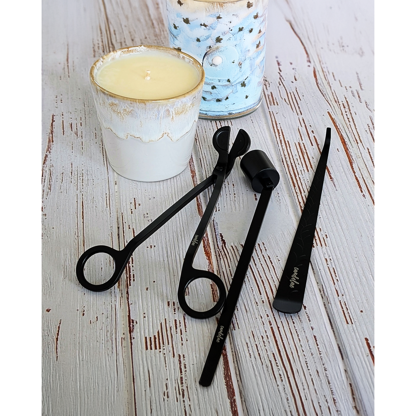 Candelae Kerzenpflege-Set Schwarz 3-Teilige Mit Dochtschere Kerzenlöscher Und Dochtheber Für Duftkerzen Edelstahl