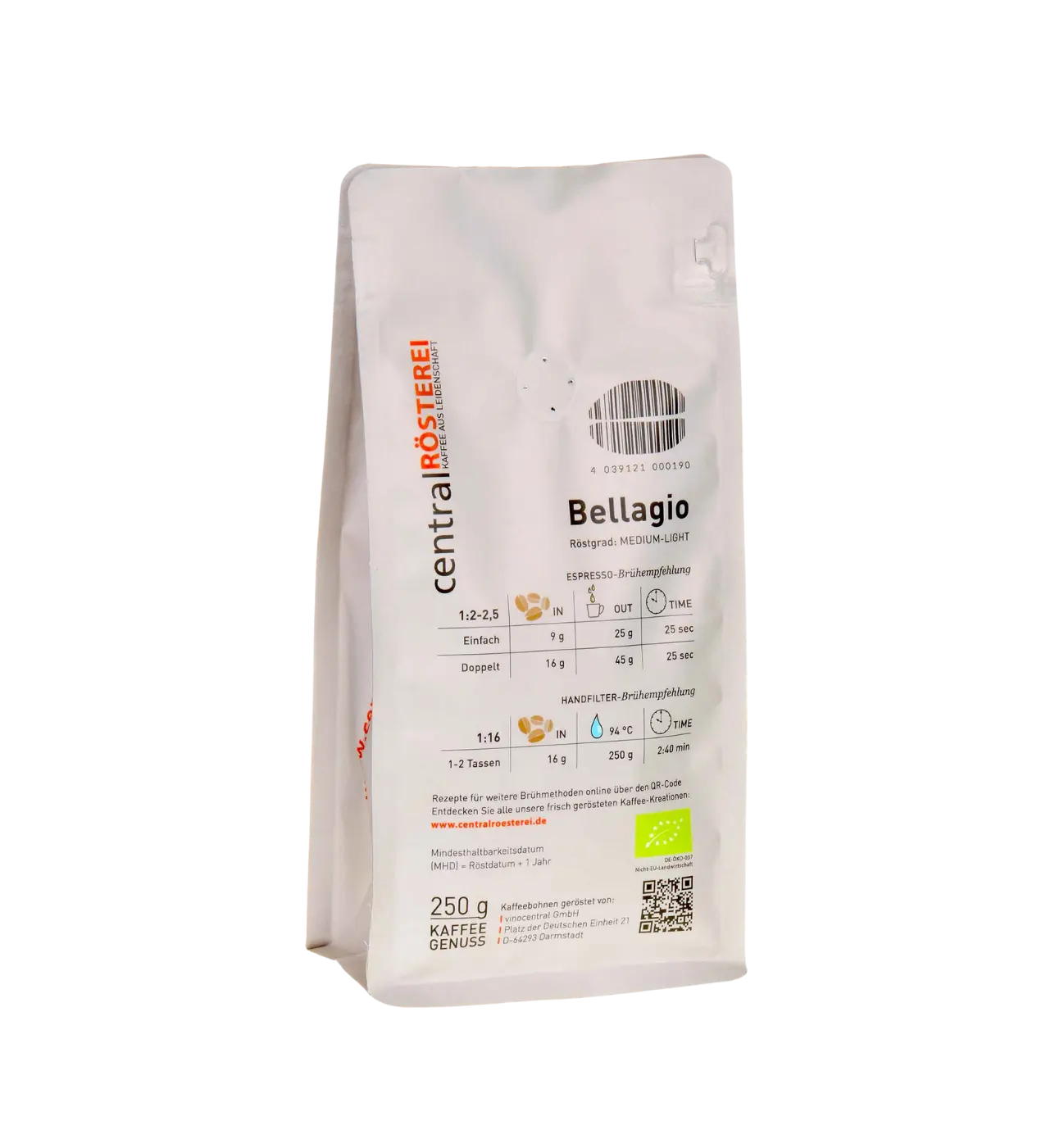 CentralRösterei Bellagio Entkoffeinierter Arabica Kaffee Kolumbien Aromatisch Kräftig CO2 Verfahren