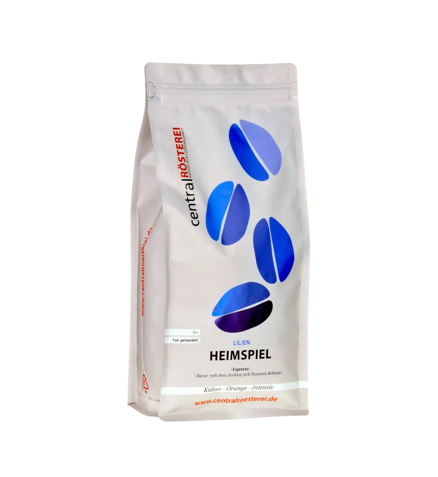 CentralRösterei Heimspiel Espresso Bio Kaffee 70 Prozent Peru Arabica 30 Prozent Tansania Robusta Kakao Orange Intensiv