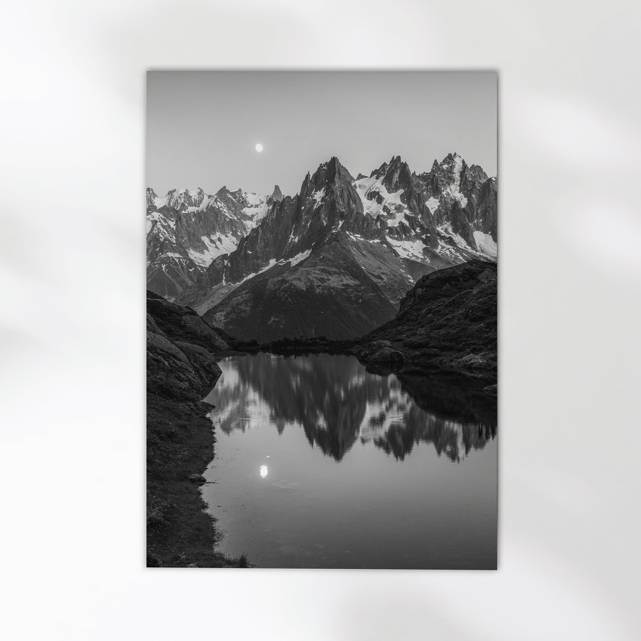 Lac de la Flégère Black and White Photography Print | Moonlit Alpine Reflections in Chamonix