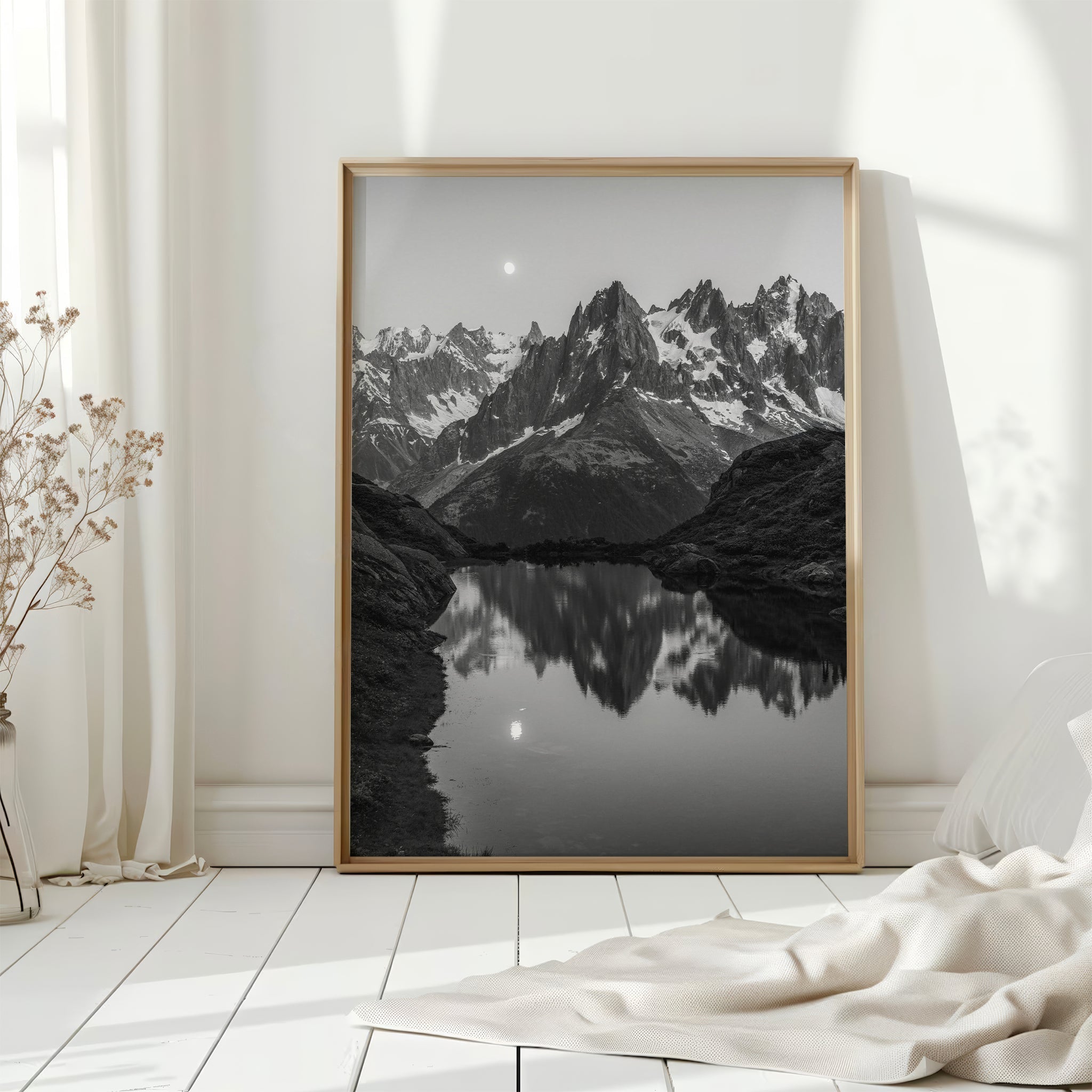 Lac de la Flégère Black and White Photography Print | Moonlit Alpine Reflections in Chamonix