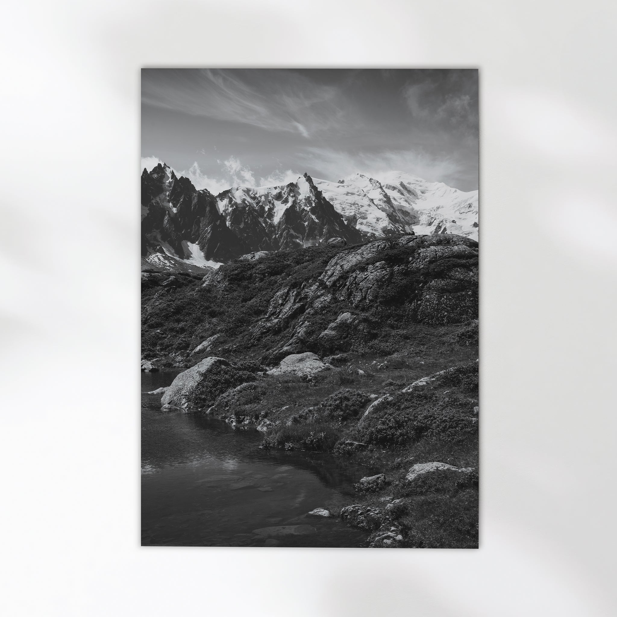 Black and White Lac Blanc Wall Art - Modern Alpine Landscape Print
