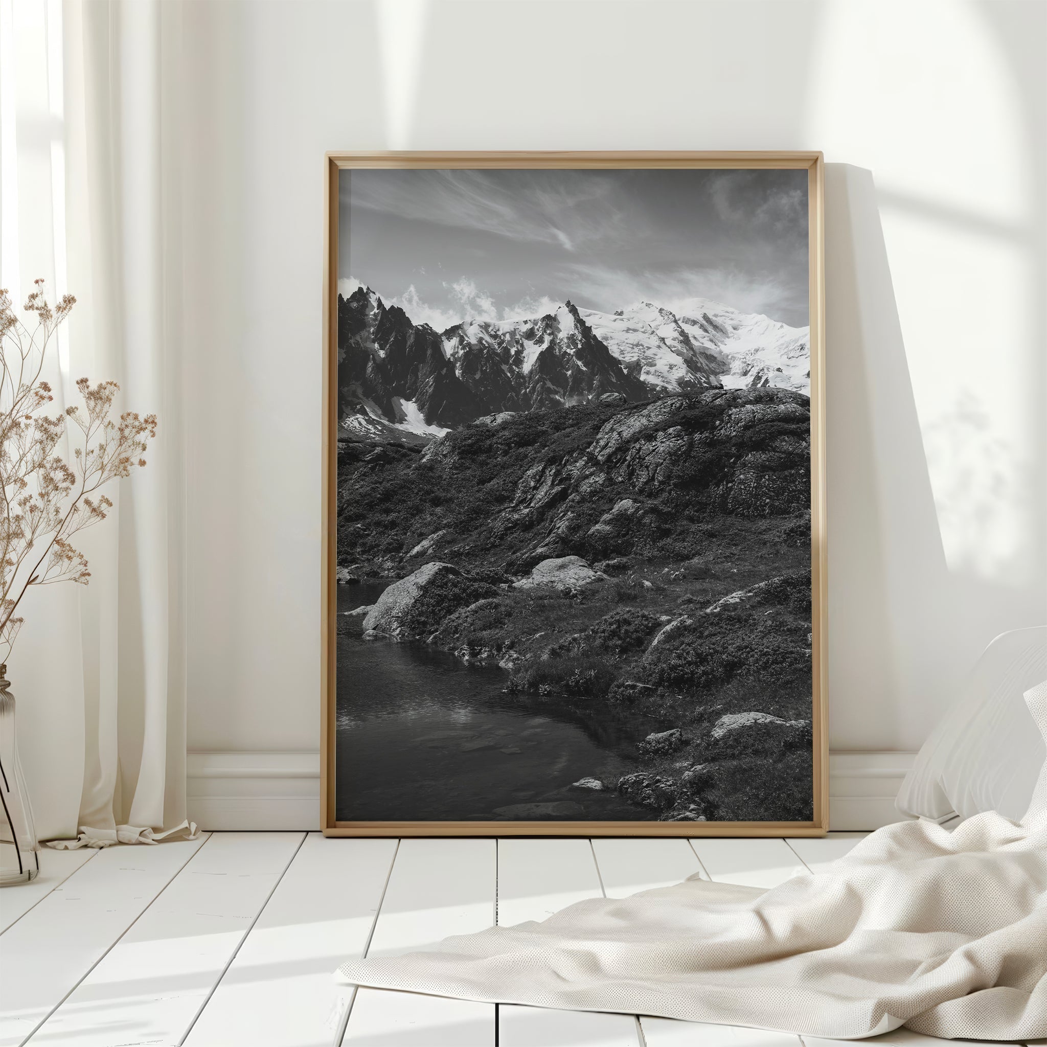 Black and White Lac Blanc Wall Art - Modern Alpine Landscape Print