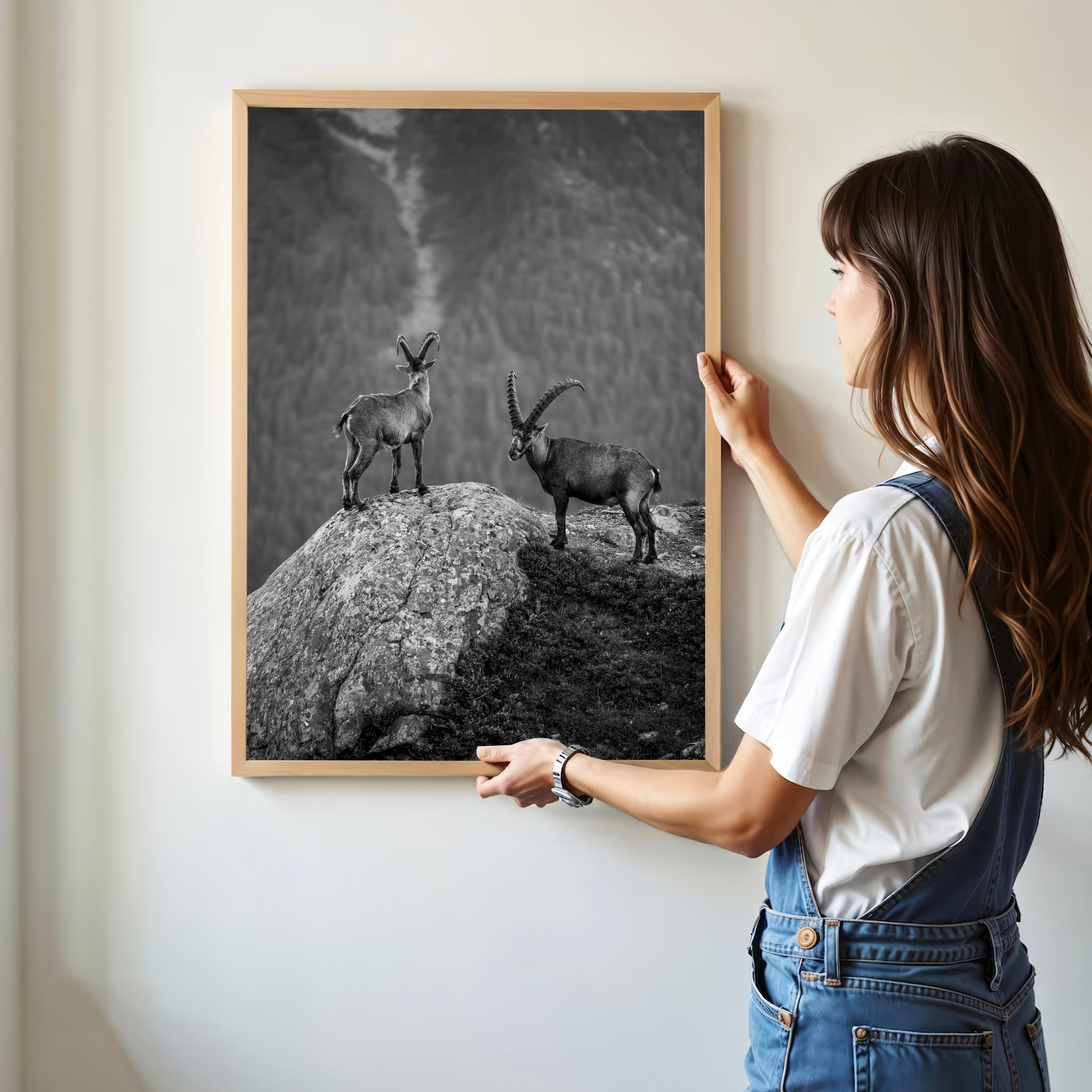 Curious Ibex Print – Black and White French Alps Wildlife Wall Art