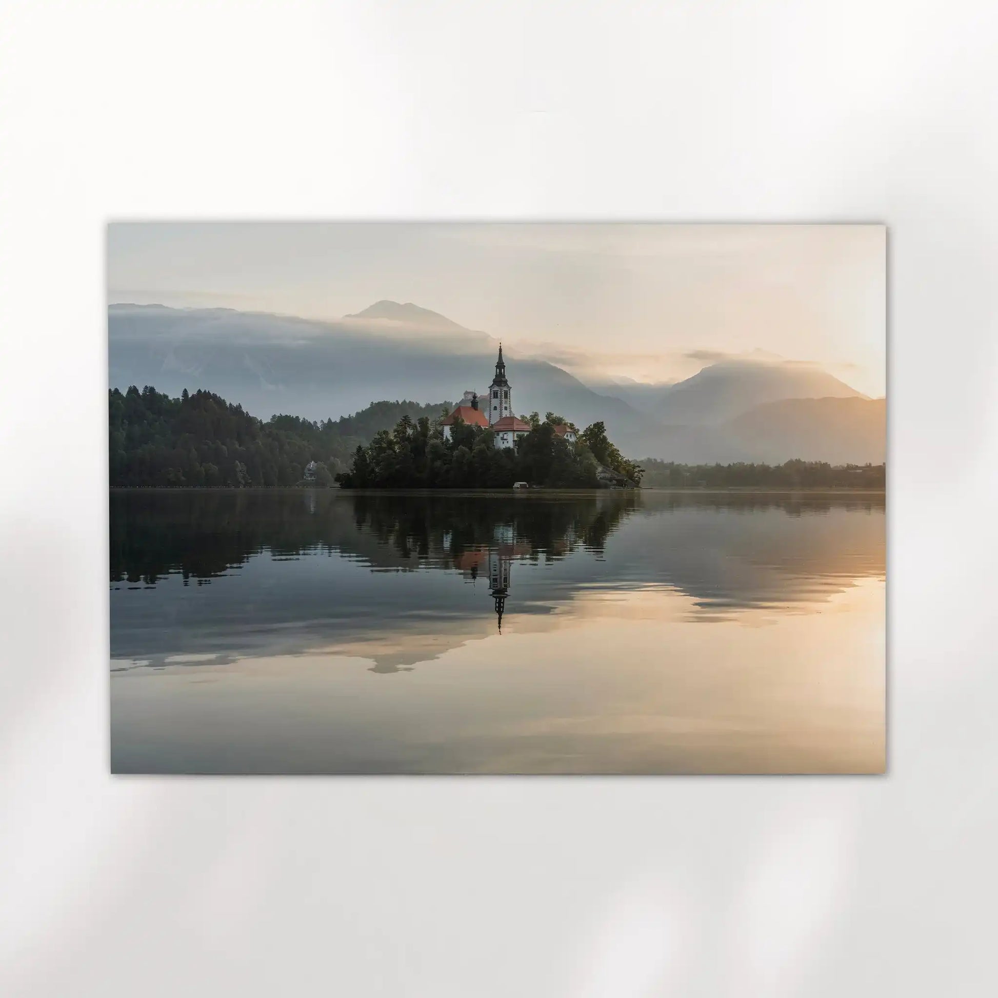Lake Bled Sunrise Wall Art – Island Church & Reflections Print by Chamonix Prints