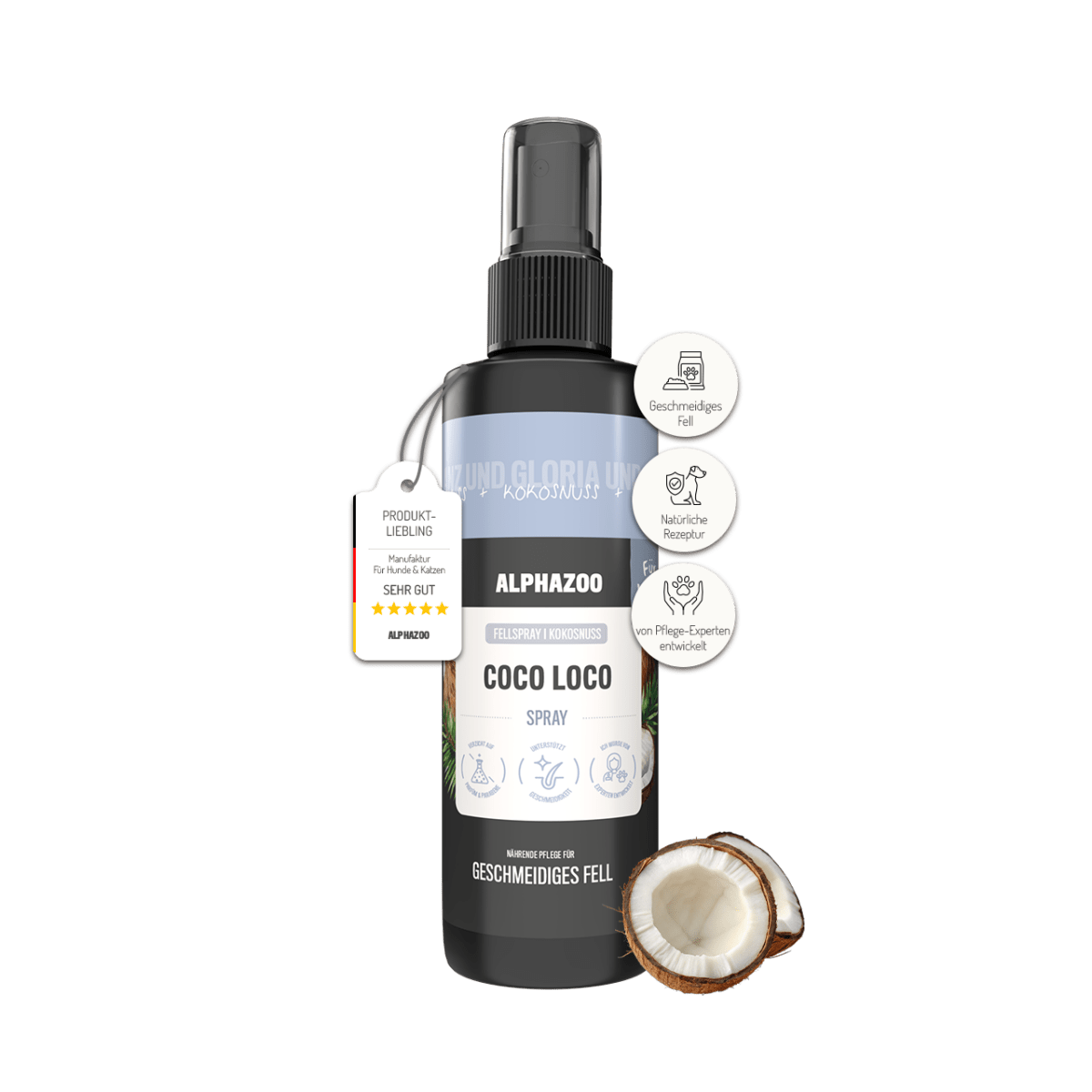 Coco Loco Fellspray für Hunde 250ml von Alphazoo zur täglichen Fellpflege für geschmeidiges und kämmbares Fell.