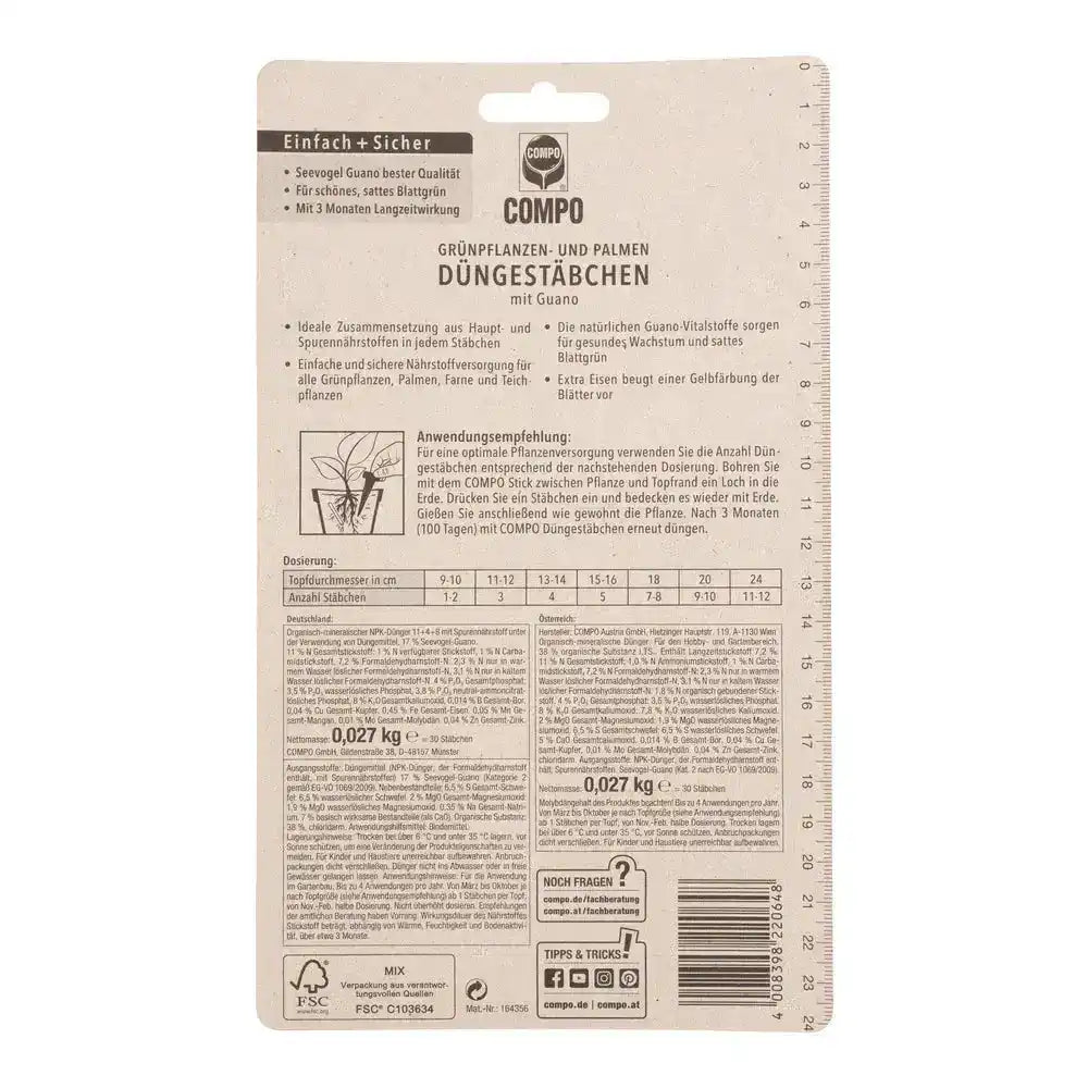 COMPO Grünpflanzen- und Palmen Düngestäbchen mit Guano