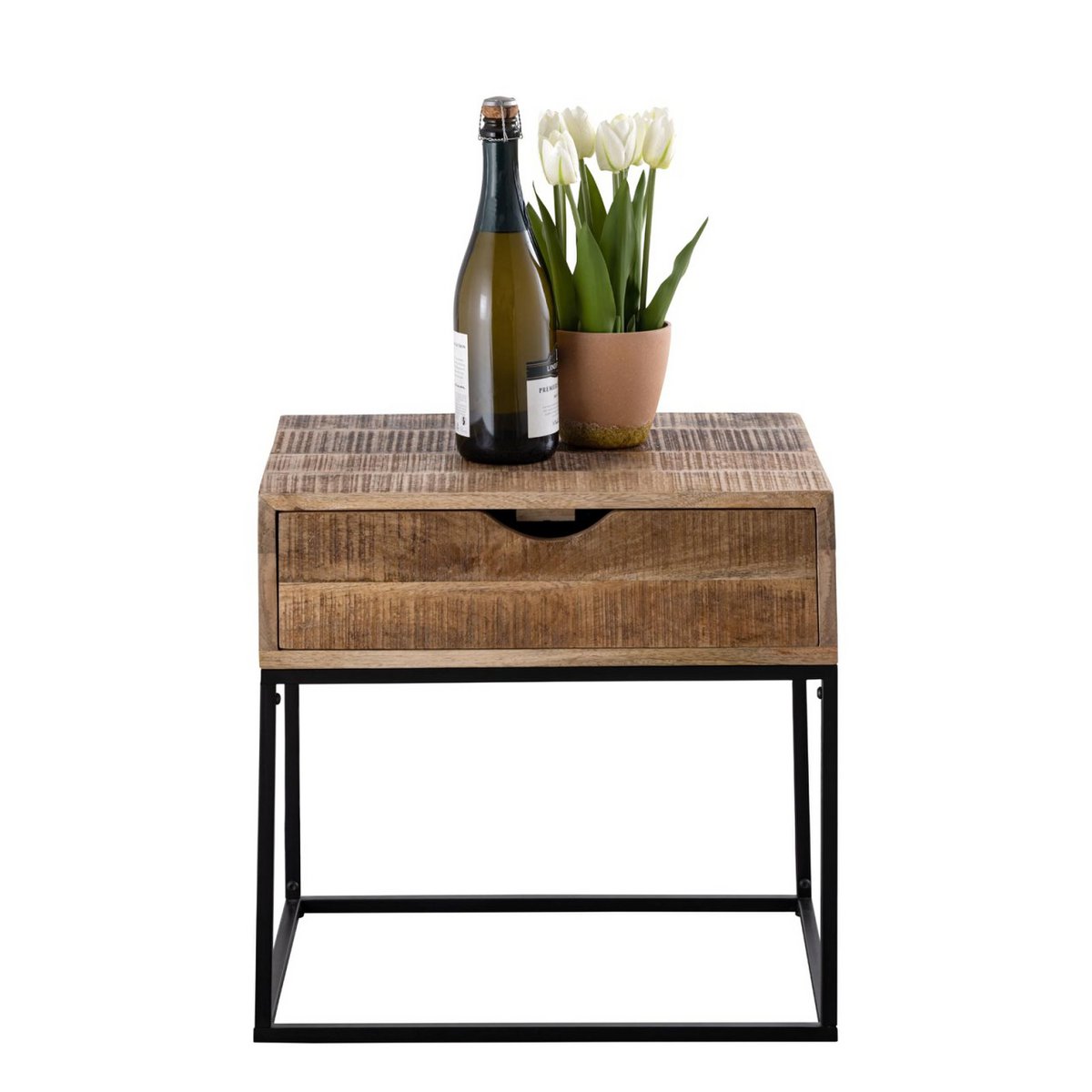 Nachtschrank - Nachtkästchen - Mangoholz 45x45x35cm - Maya - Beistelltisch - Industriell Metall Gestell