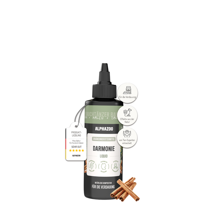 Darmonie Liquid für Hunde, 100ml Flasche für Verdauungsunterstützung, natürliche Inhaltsstoffe wie Leinöl und Zimt.