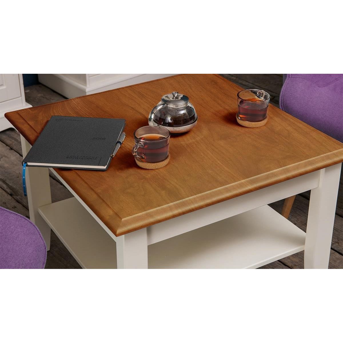 Bologna Elegante Massivholz Kiefer kleiner Couchtisch | Farbe Weiß - Eiche