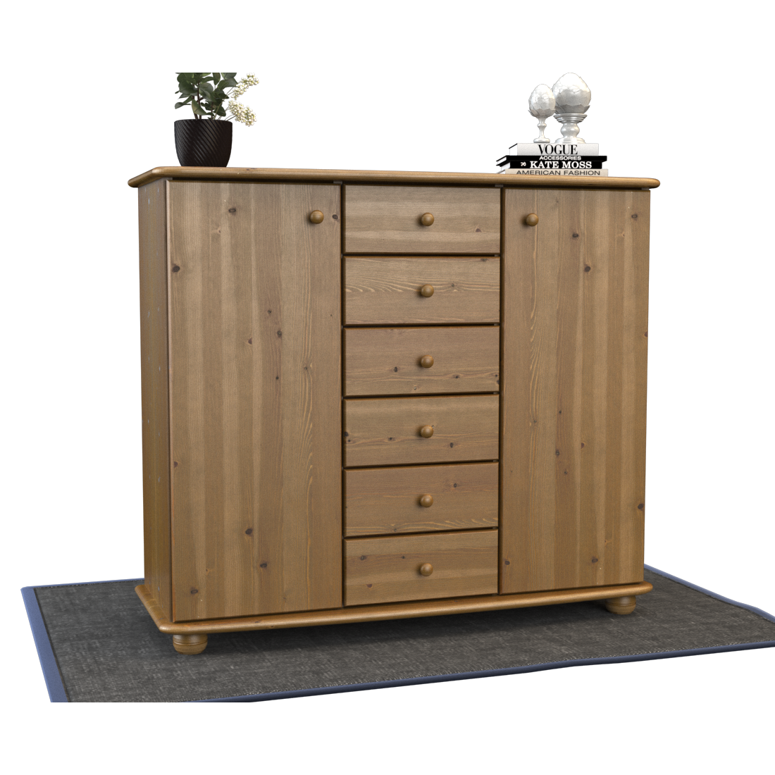 Anika Kommode Sideboard | Anrichte | 2-Türig | 6-Schubladen | 100% Bio Kiefer Massivholz