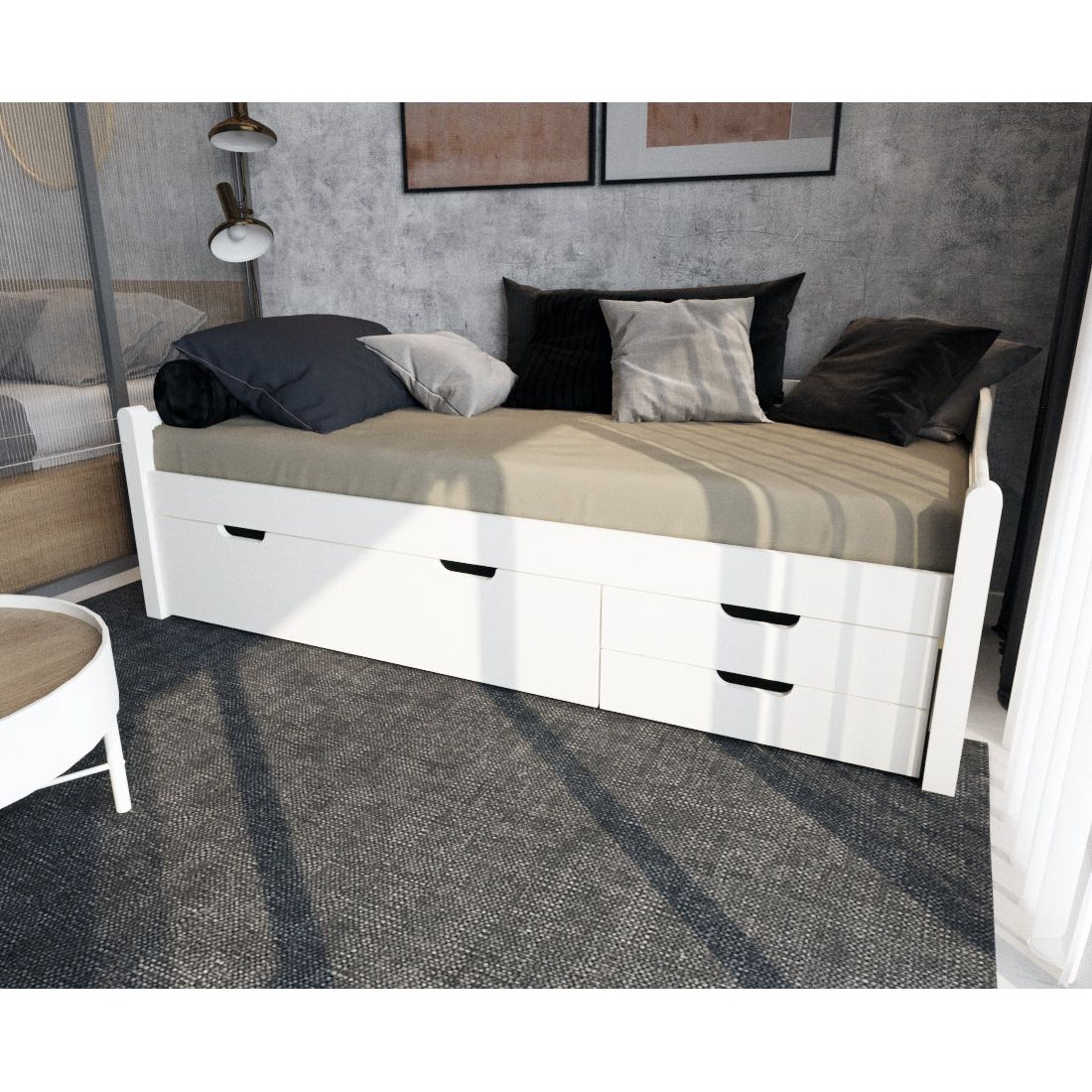 Einzelbett 90x200cm | 3-Schubladen | 100% Bio-Kiefer Massivholz Gästebett