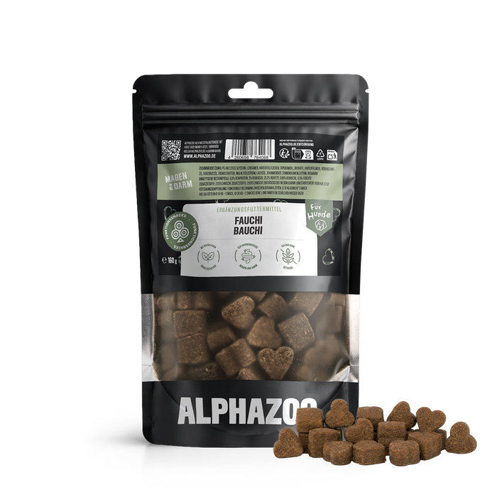 Fauchi Bauchi Hundeleckerli in herzförmiger Form, 160g Packung, zucker- und getreidefrei, gut für Magen und Darm.