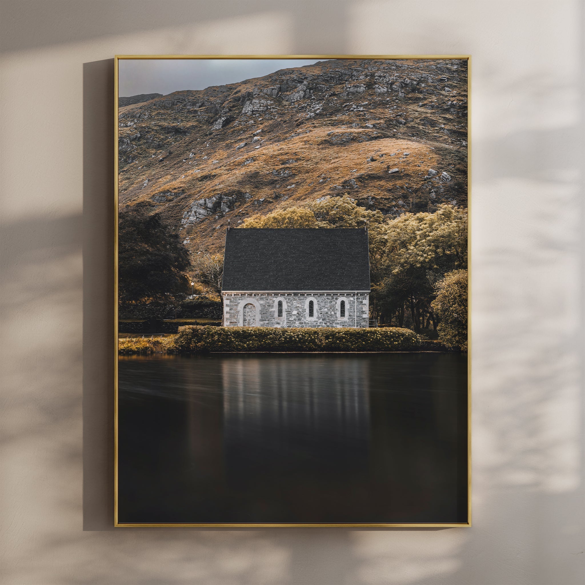 Gougane Barra Chapel Print – Irish Lake & Mountain Wall Art